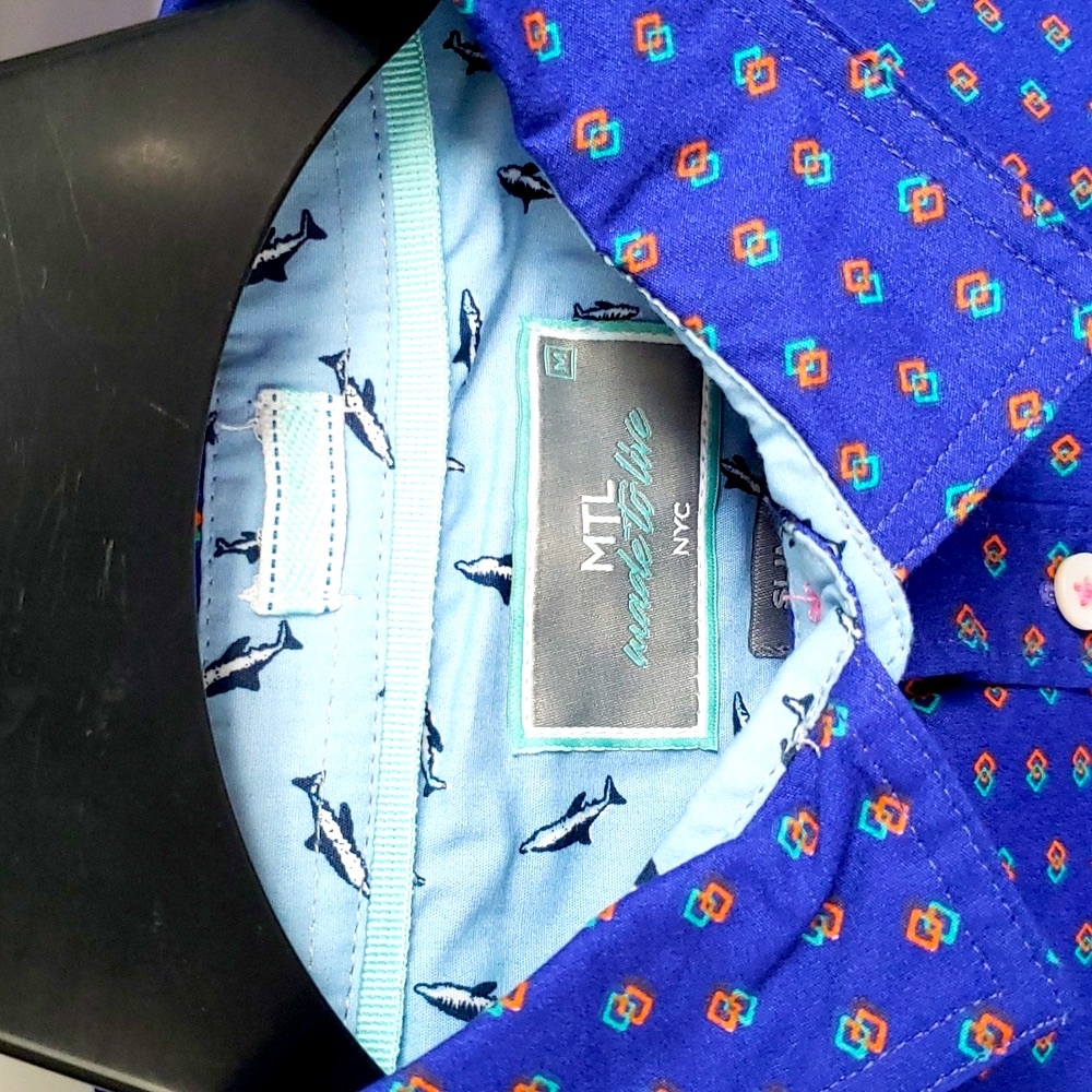 MTL MADE TO LIVE MENS BUTTON DOWN SHIRT, SIZE MEDIUM BLUE, 100% COTTON, SLIM FIT - Picture 2 of 9